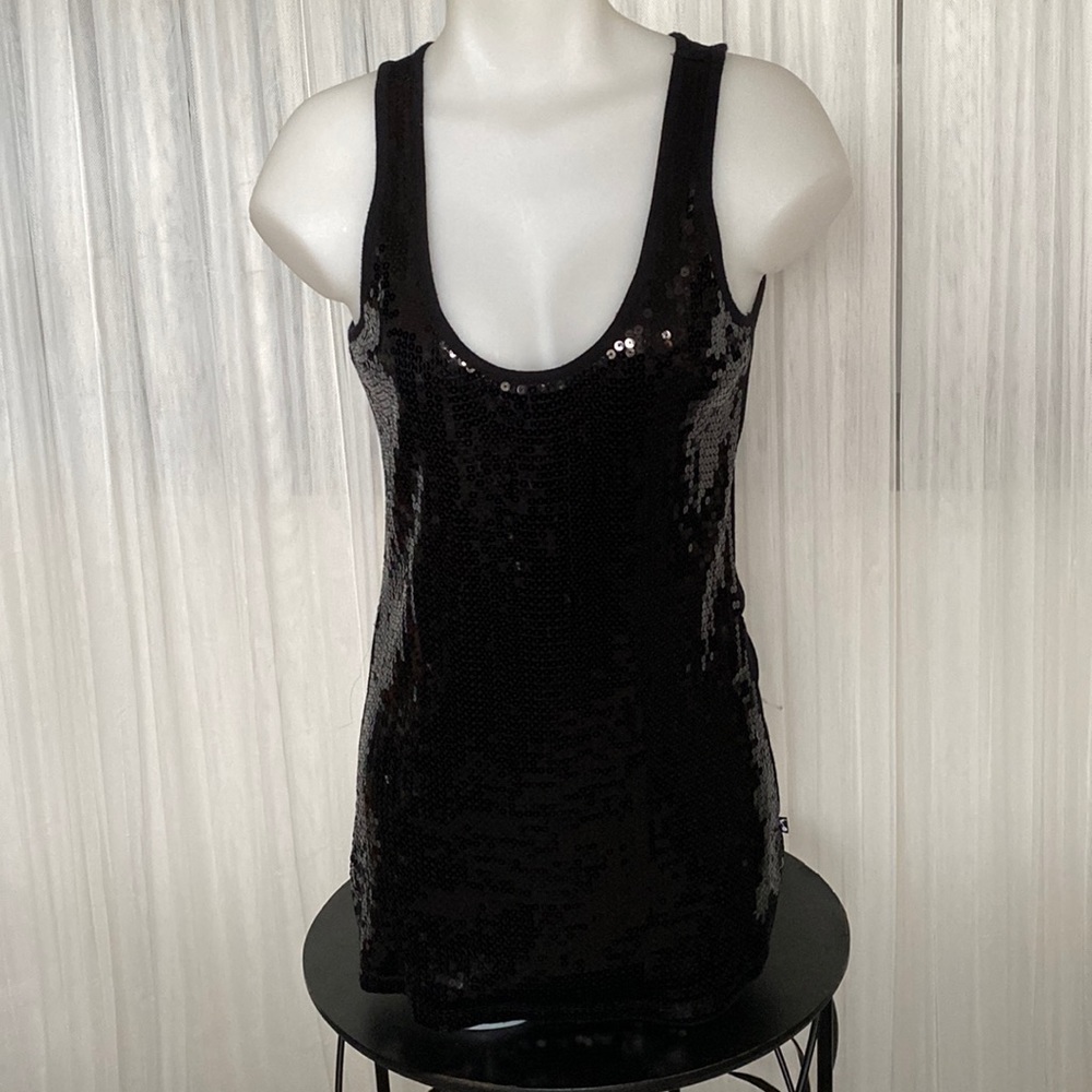 Foxy jeans sequins black mini dress/tunic plunging neckline! Size S